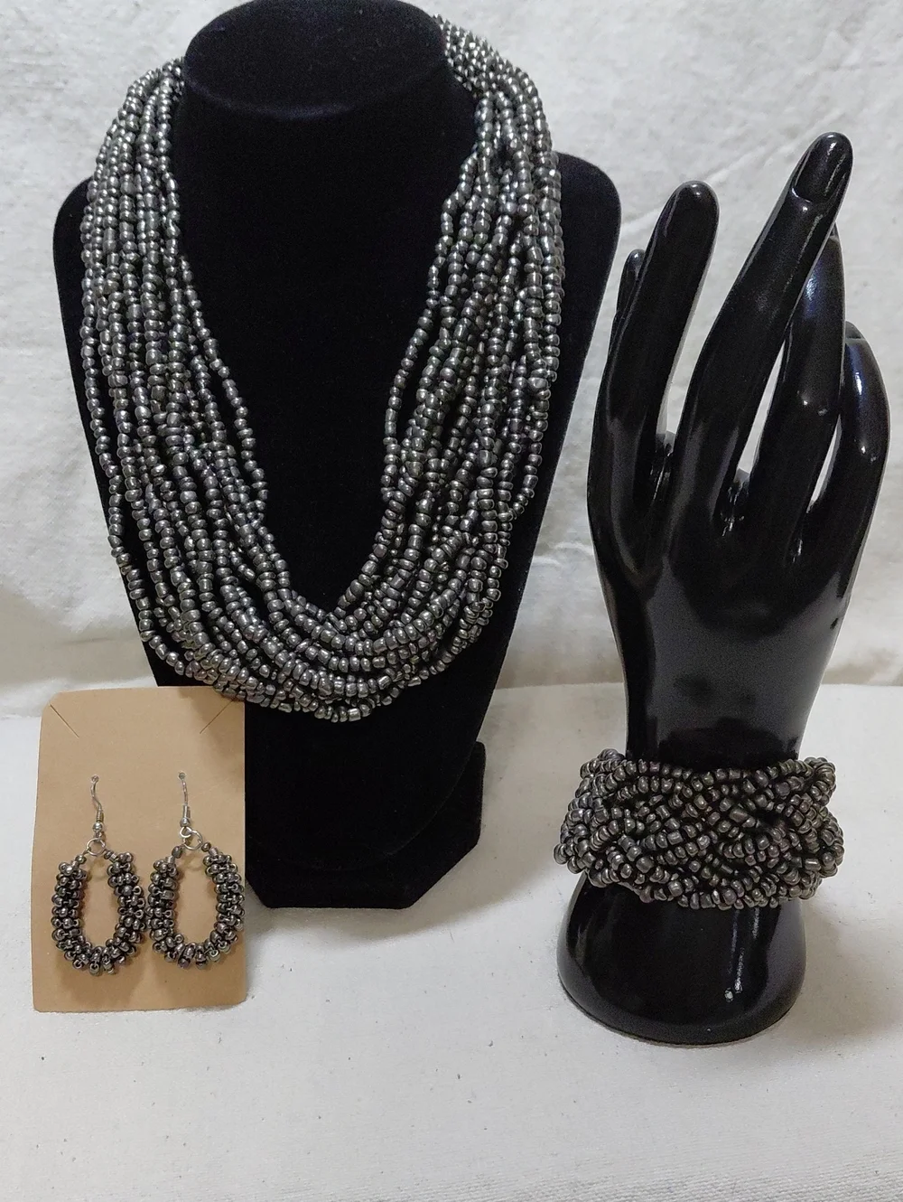 Vintage Multi-Strand Hematite Bead Necklace, Bracelet & Earrings Set